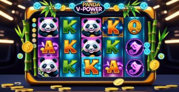 Tampilan mesin slot dengan simbol panda, bambu, dan koin emas di latar gelap.