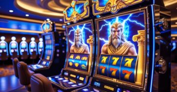 Mesin slot bertema Dewa Zeus dengan latar kasino modern yang mewah dan pencahayaan hangat.